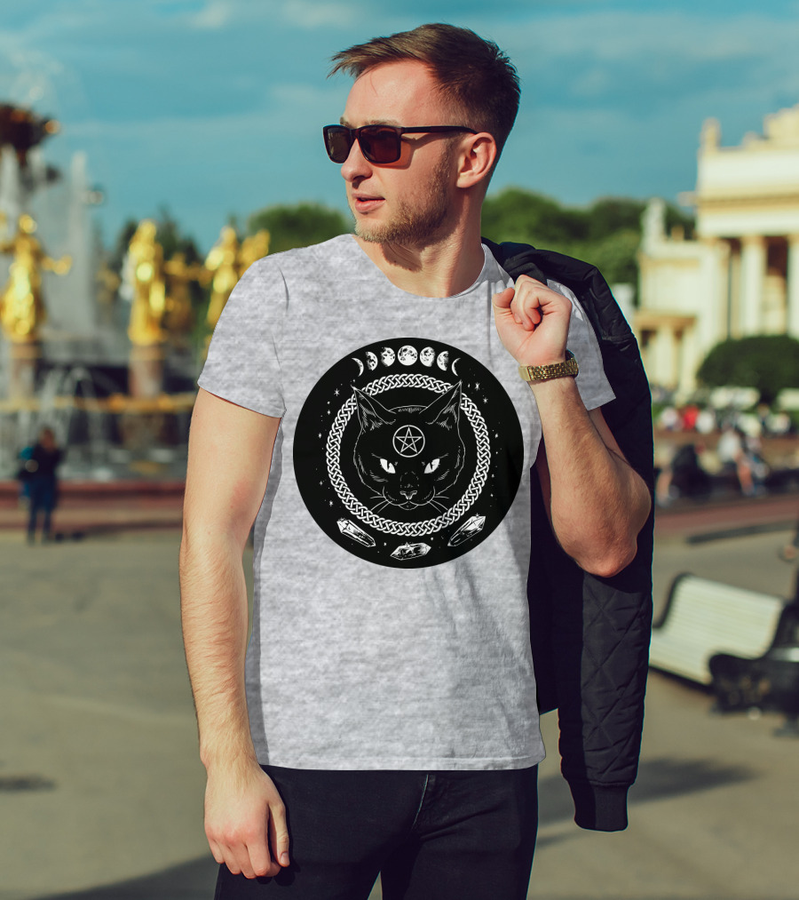 Cat Moon Magic Pentacle Phases Crystals Lunar Cycle T-Shirt