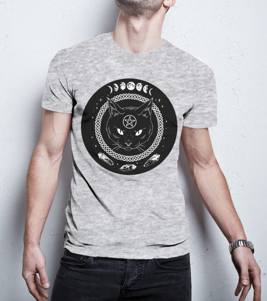 Cat Moon Magic Pentacle Phases Crystals Lunar Cycle T-Shirt