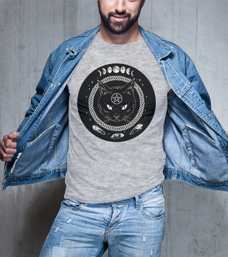 Cat Moon Magic Pentacle Phases Crystals Lunar Cycle T-Shirt