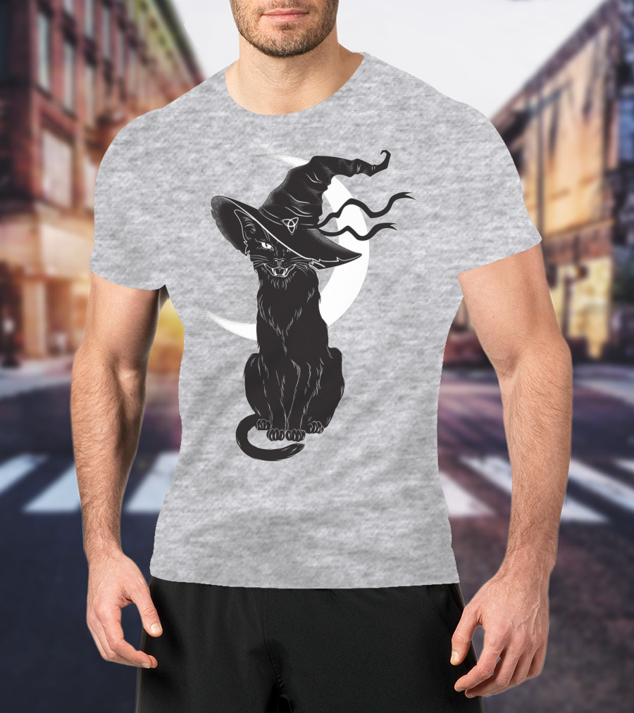 Cat Witch With Crescent Moon And Magic Hat T-Shirt