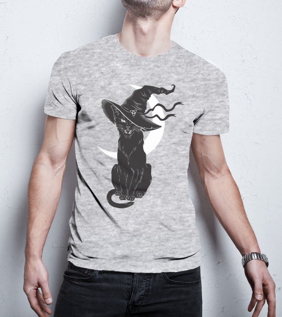 Cat Witch With Crescent Moon And Magic Hat T-Shirt