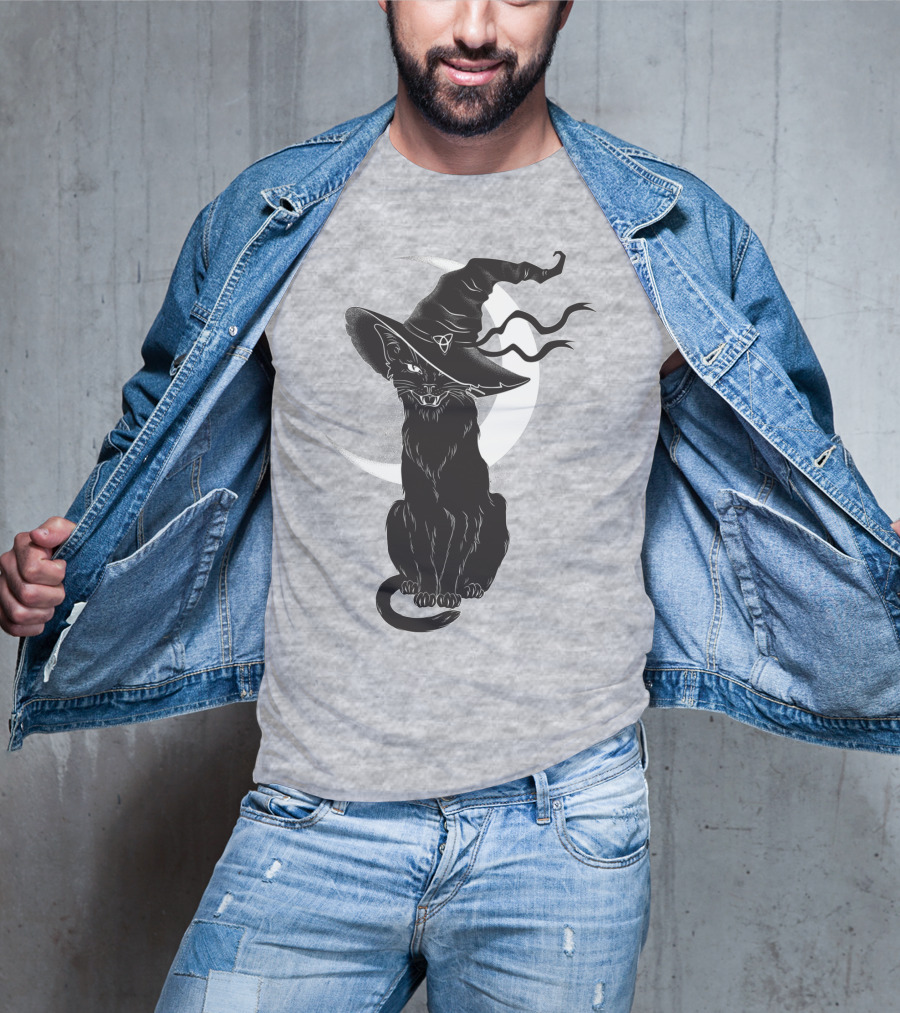 Cat Witch With Crescent Moon And Magic Hat T-Shirt