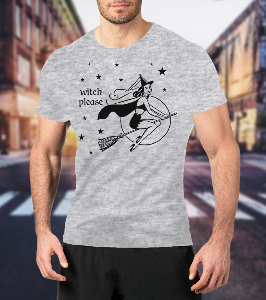 Witch Please Vintage Flying Witch Broomstick Moon Stars T-Shirt