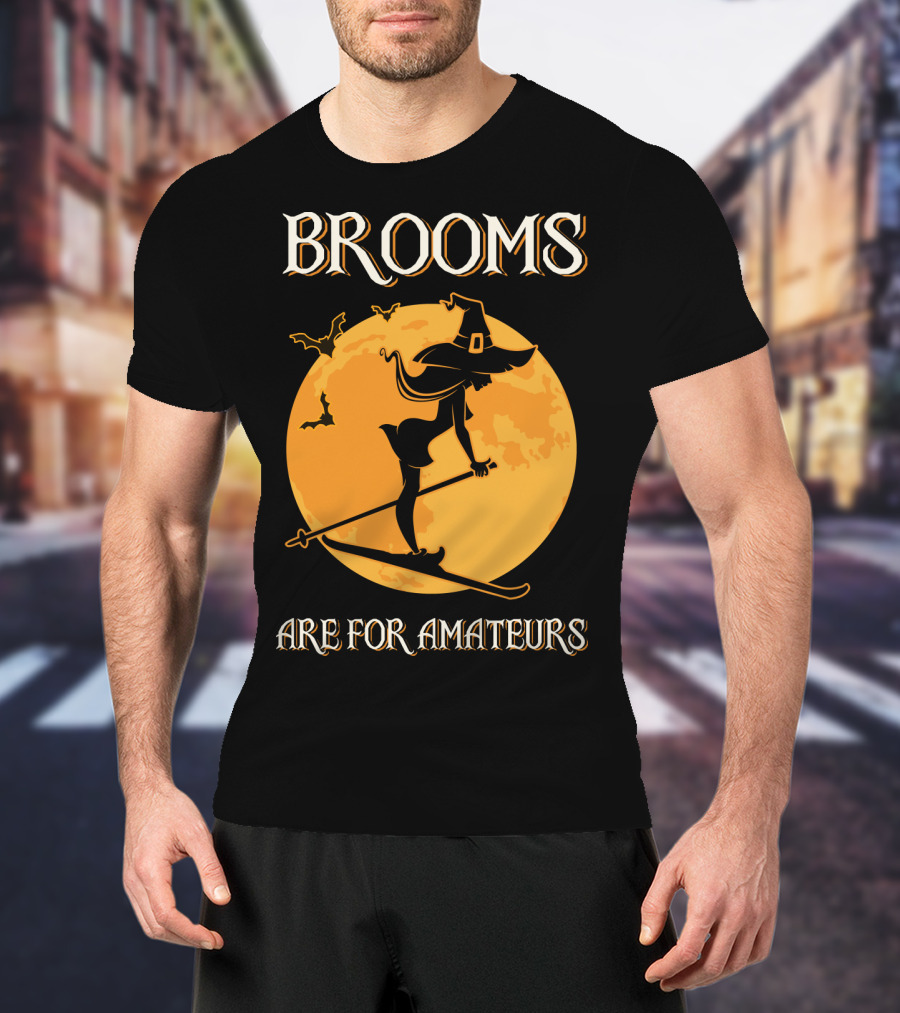 Brooms Are For Amateurs Witch Skiing Silhouette Halloween Moon T-Shirt