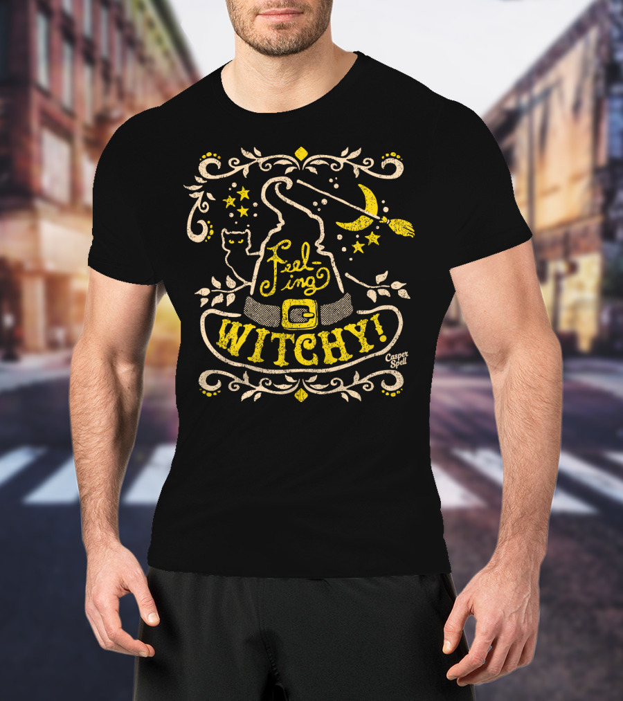 Feeling Witchy Casper Spell Moon Stars Cat Broomstick Hat T-Shirt
