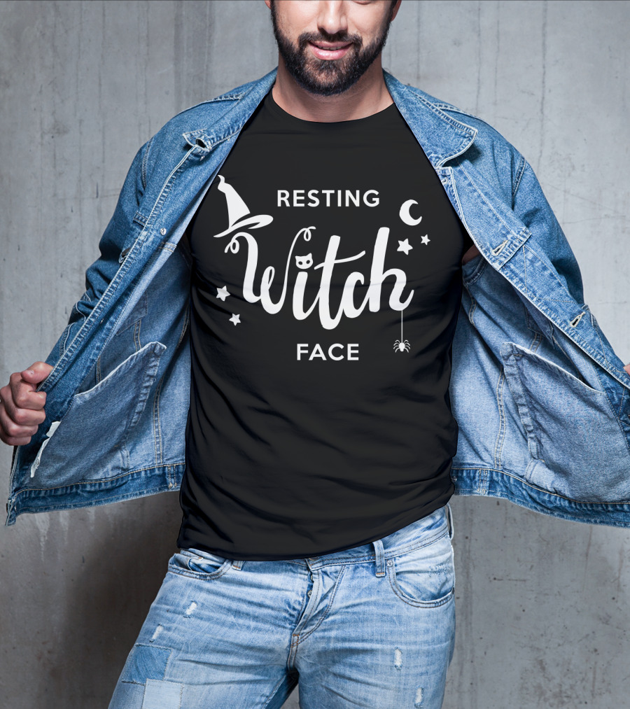 Resting Witch Face Hat Stars Moon Spider Cat T-Shirt