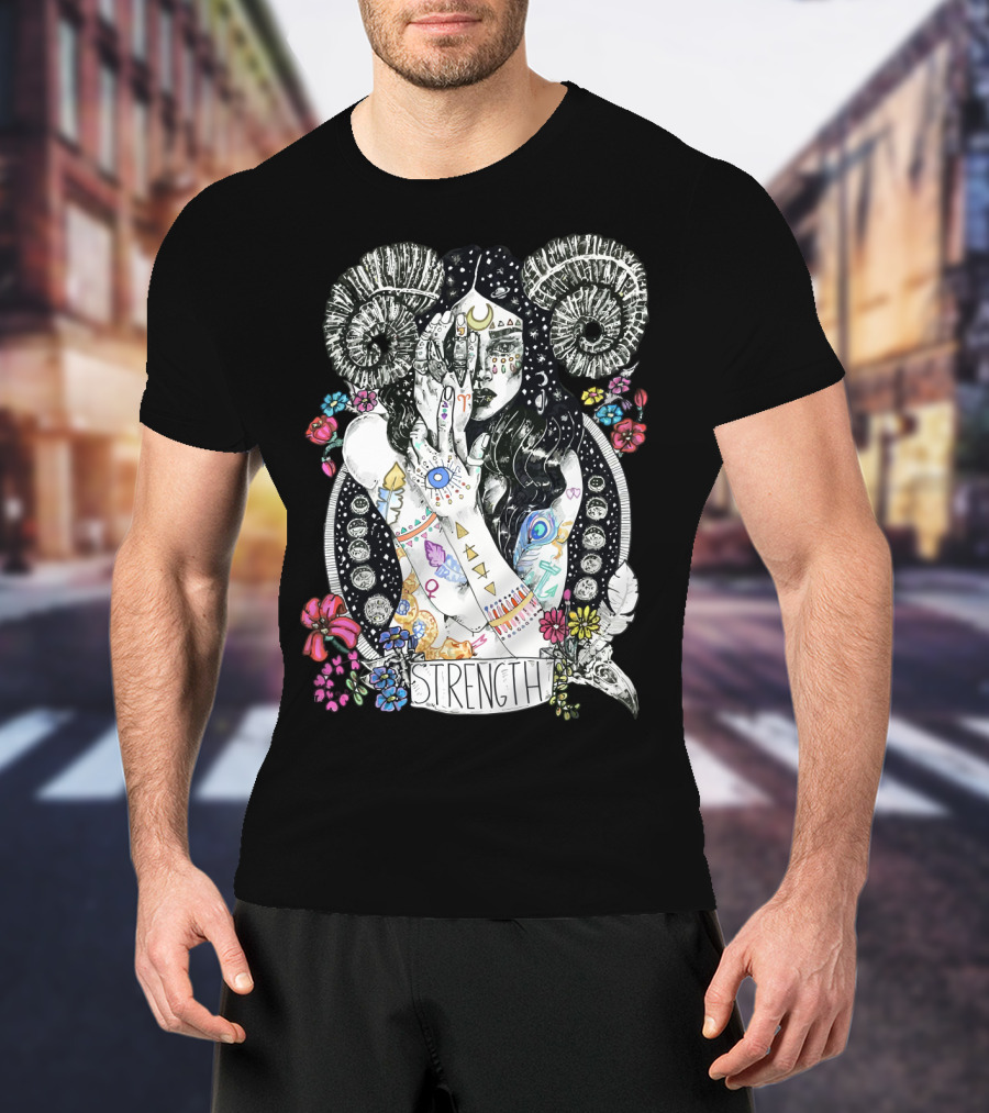 Strength Zodiac Goddess With Symbols And Flowers T-Shirt