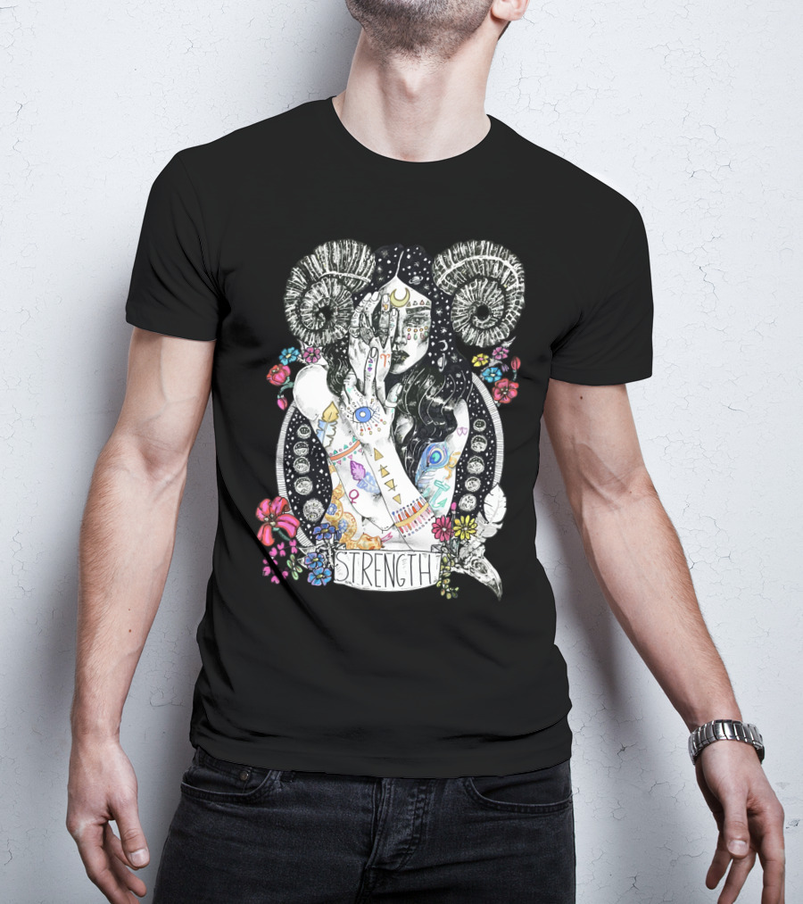 Strength Zodiac Goddess With Symbols And Flowers T-Shirt