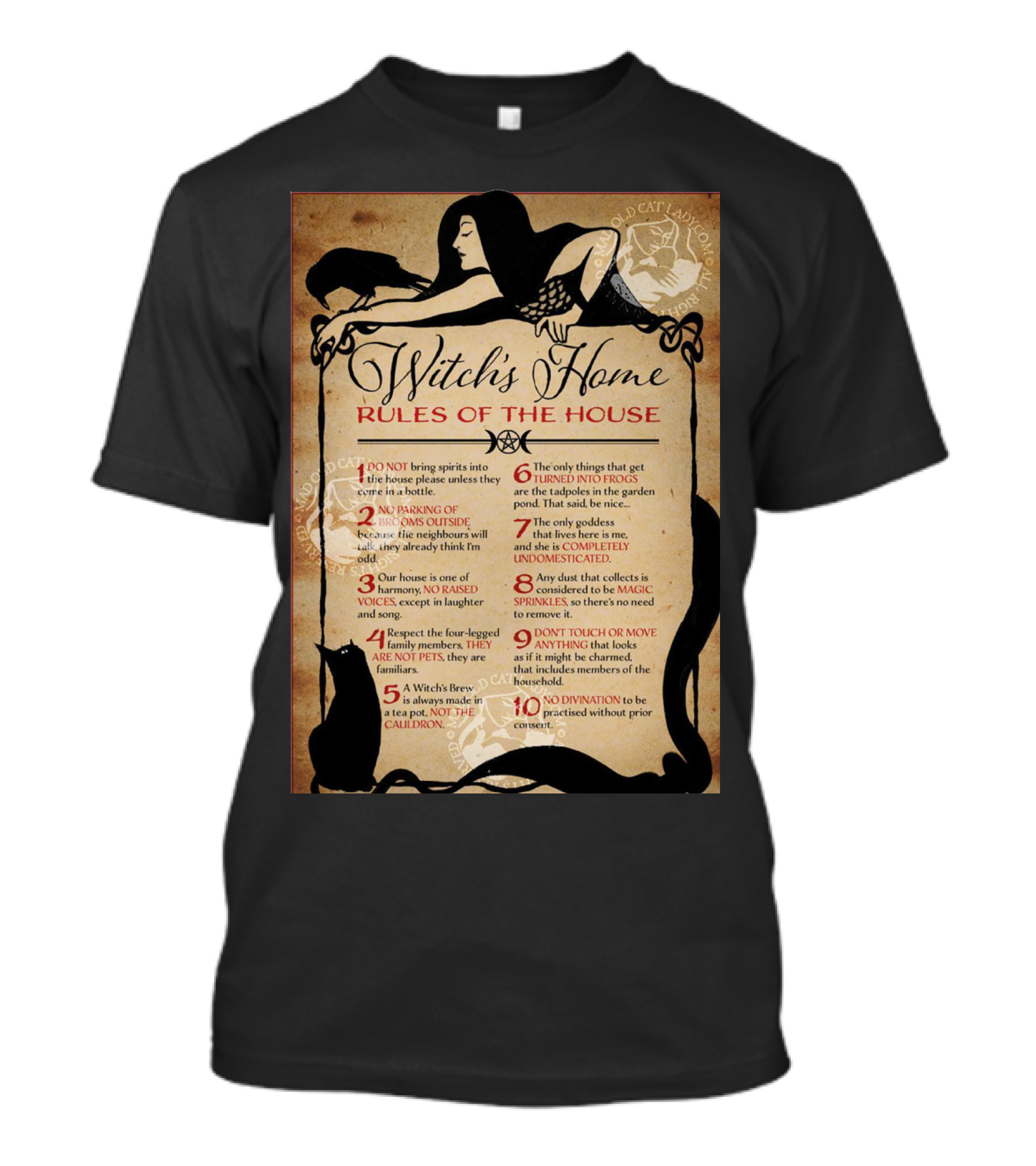 Witch's Home Rules Of The House Guide With Black Cat, Raven, Potion, Magic, And Enchanting Text Elements T-Shirt
