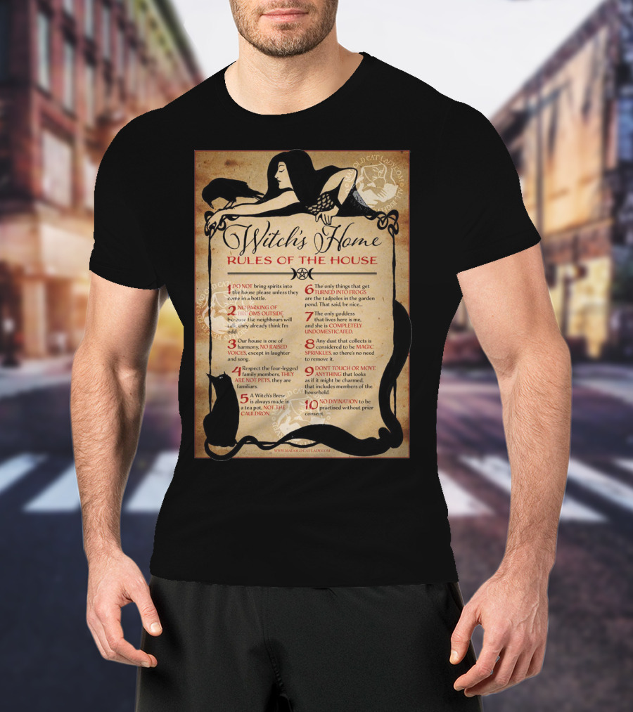 Witch's Home Rules Of The House Guide With Black Cat, Raven, Potion, Magic, And Enchanting Text Elements T-Shirt