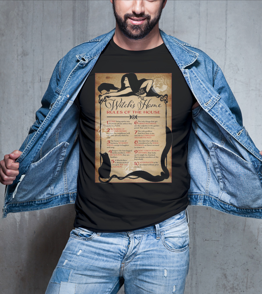 Witch's Home Rules Of The House Guide With Black Cat, Raven, Potion, Magic, And Enchanting Text Elements T-Shirt