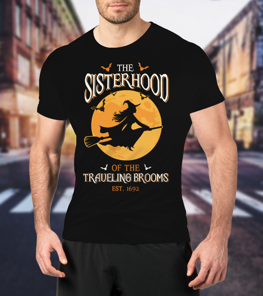 The Sisterhood Of The Traveling Brooms EST 1692 Halloween Witch And Full Moon T-Shirt