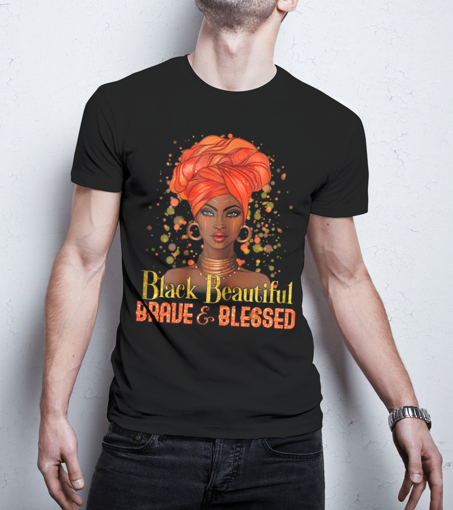 Black Beautiful Brave And Blessed African Woman With Orange Headwrap T-Shirt