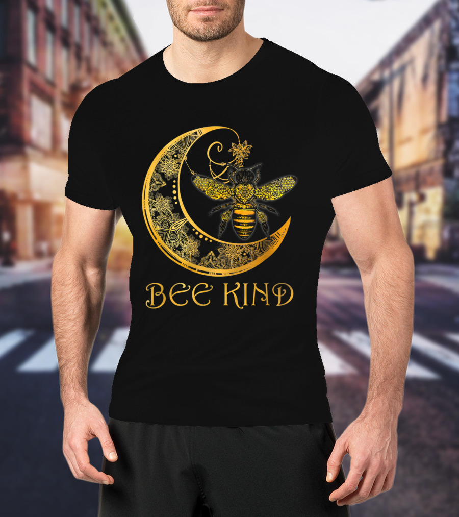 Bee Kind Golden Mandala Bee On Crescent Moon T-Shirt