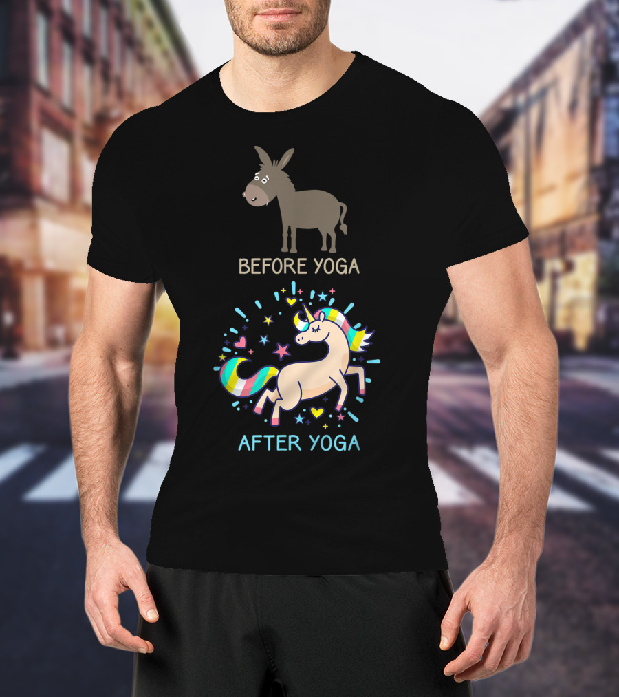 Before Yoga Donkey After Yoga Fantasy Unicorn Transformation T-Shirt