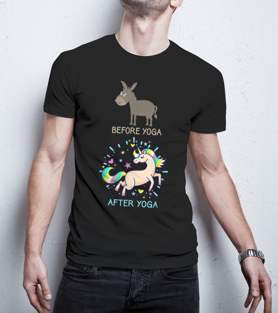 Before Yoga Donkey After Yoga Fantasy Unicorn Transformation T-Shirt