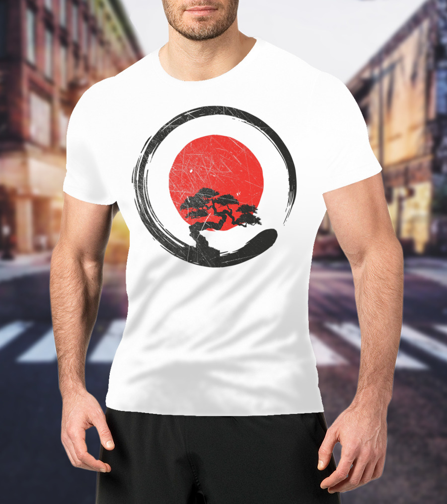 Buddhism Meditation Enso Circle With Red Sun And Bonsai Tree Zen Yoga T-Shirt
