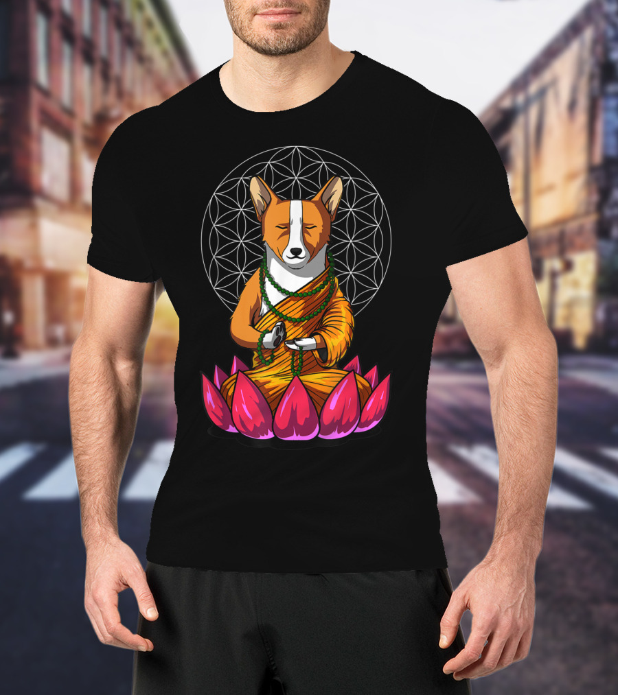 Corgi Dog Meditating In Buddha Pose With Lotus And Mandala Background T-Shirt
