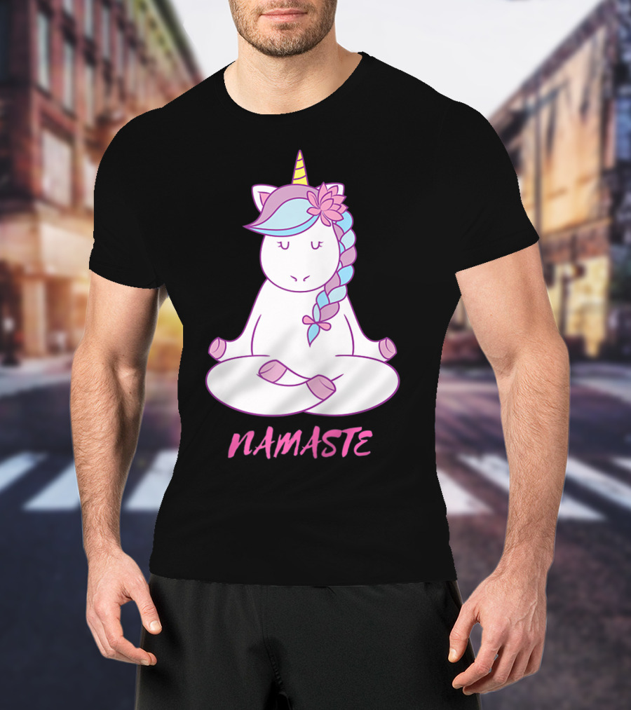 Namaste Unicorn Meditation Yoga Pose With Om Symbol And Flower Mane T-Shirt