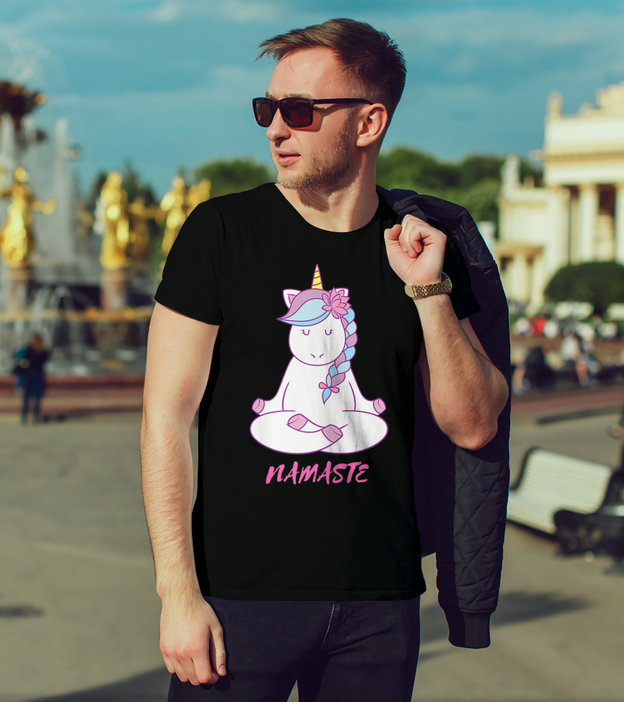 Namaste Unicorn Meditation Yoga Pose With Om Symbol And Flower Mane T-Shirt