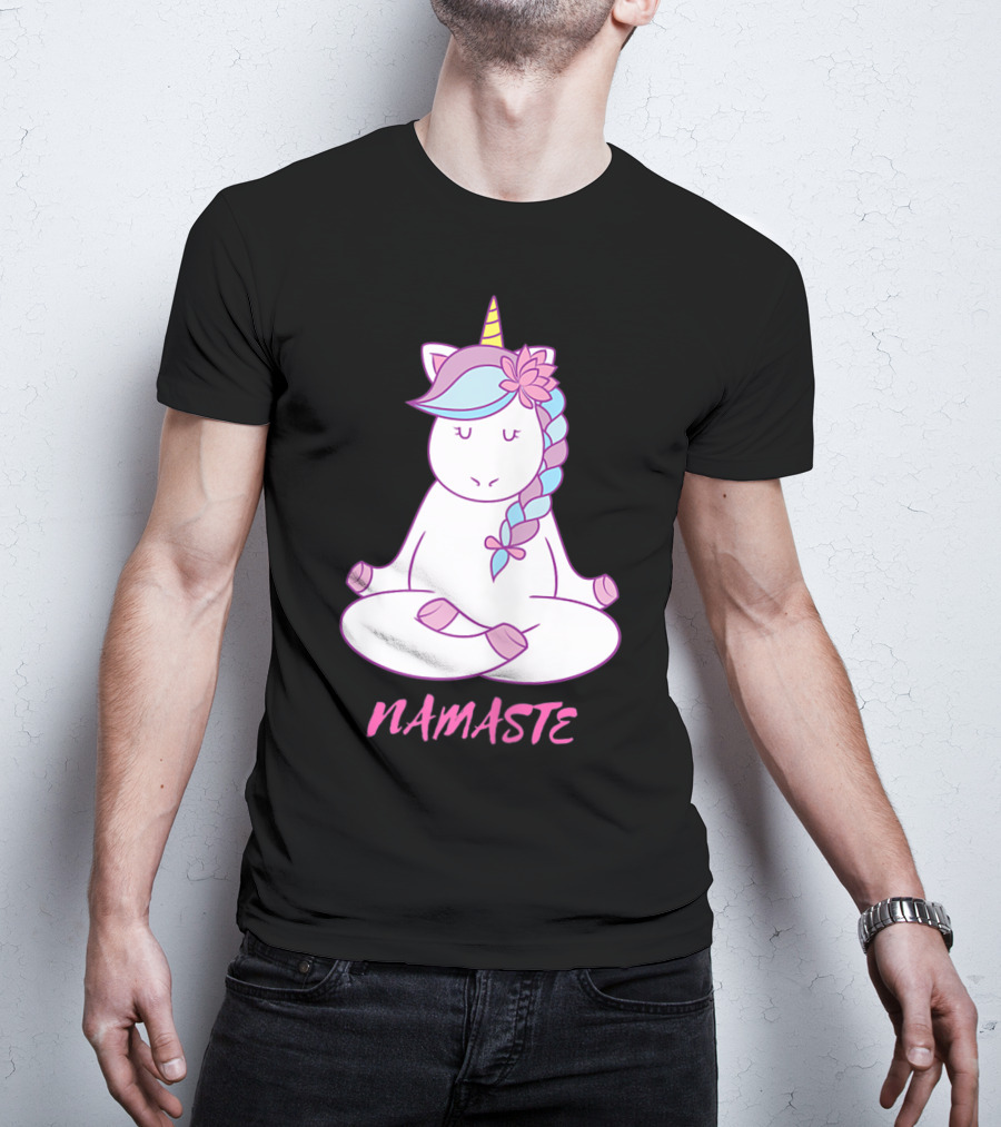 Namaste Unicorn Meditation Yoga Pose With Om Symbol And Flower Mane T-Shirt