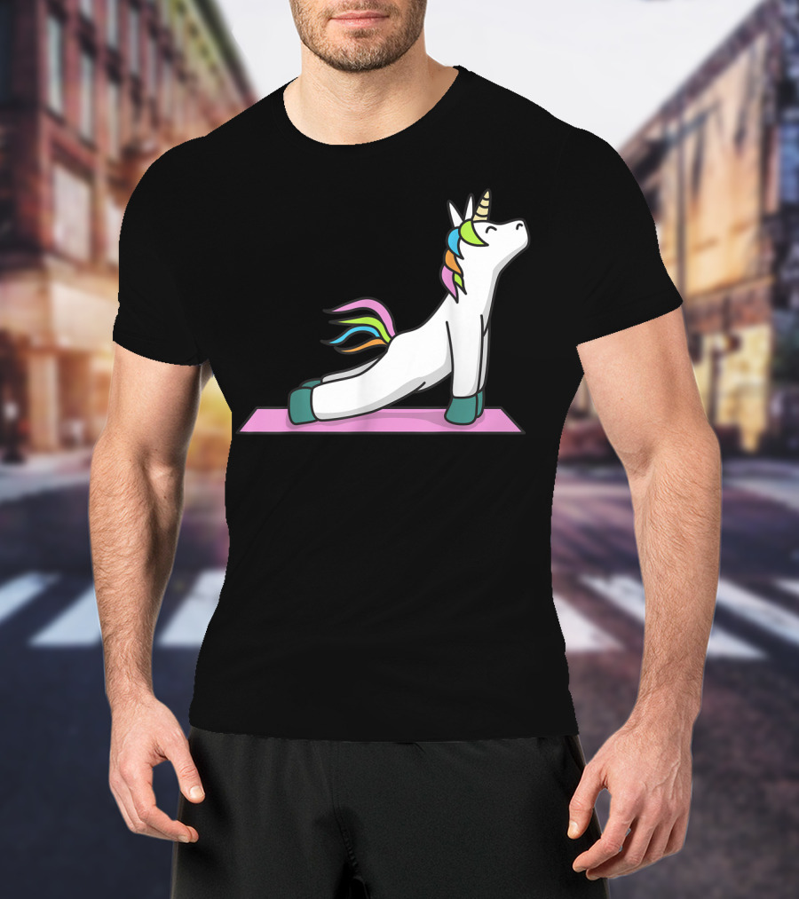 Cute Yoga Unicorn Meditation Fitness Pose With Rainbow Mane T-Shirt