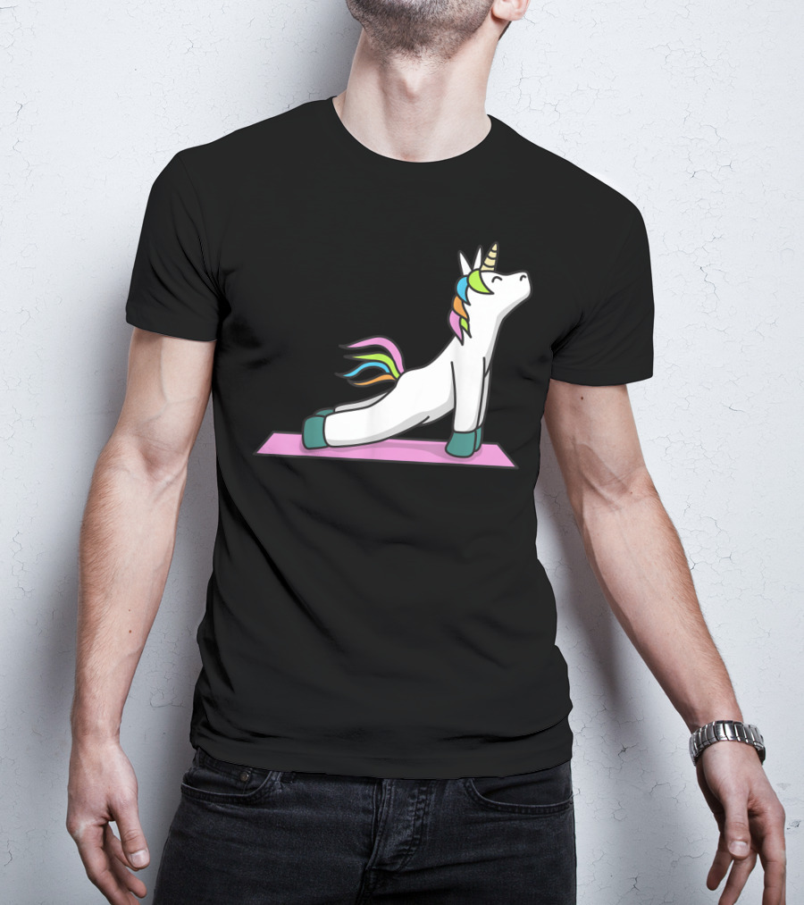 Cute Yoga Unicorn Meditation Fitness Pose With Rainbow Mane T-Shirt