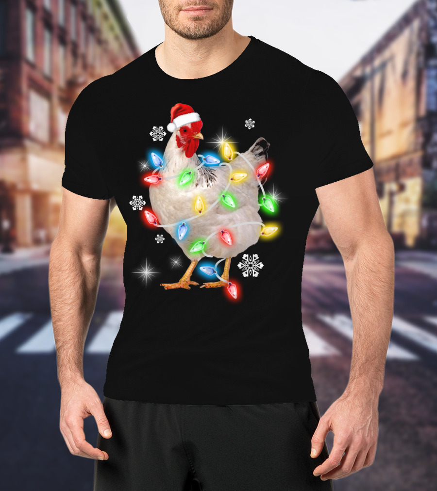 Chicken Noel Christmas Lights Santa Hat Snowflakes T-Shirt