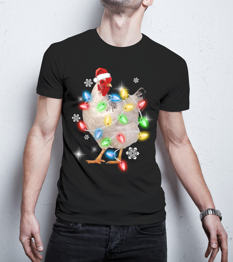 Chicken Noel Christmas Lights Santa Hat Snowflakes T-Shirt