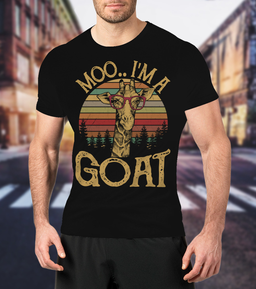 Moo I'm A Goat Retro Giraffe With Glasses And Forest Sunset T-Shirt