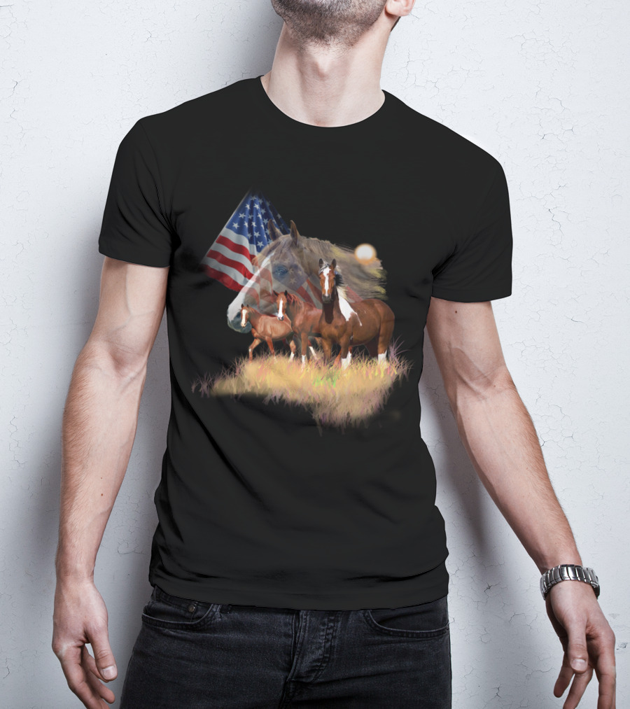 American Flag Majestic Horse Trio T-Shirt