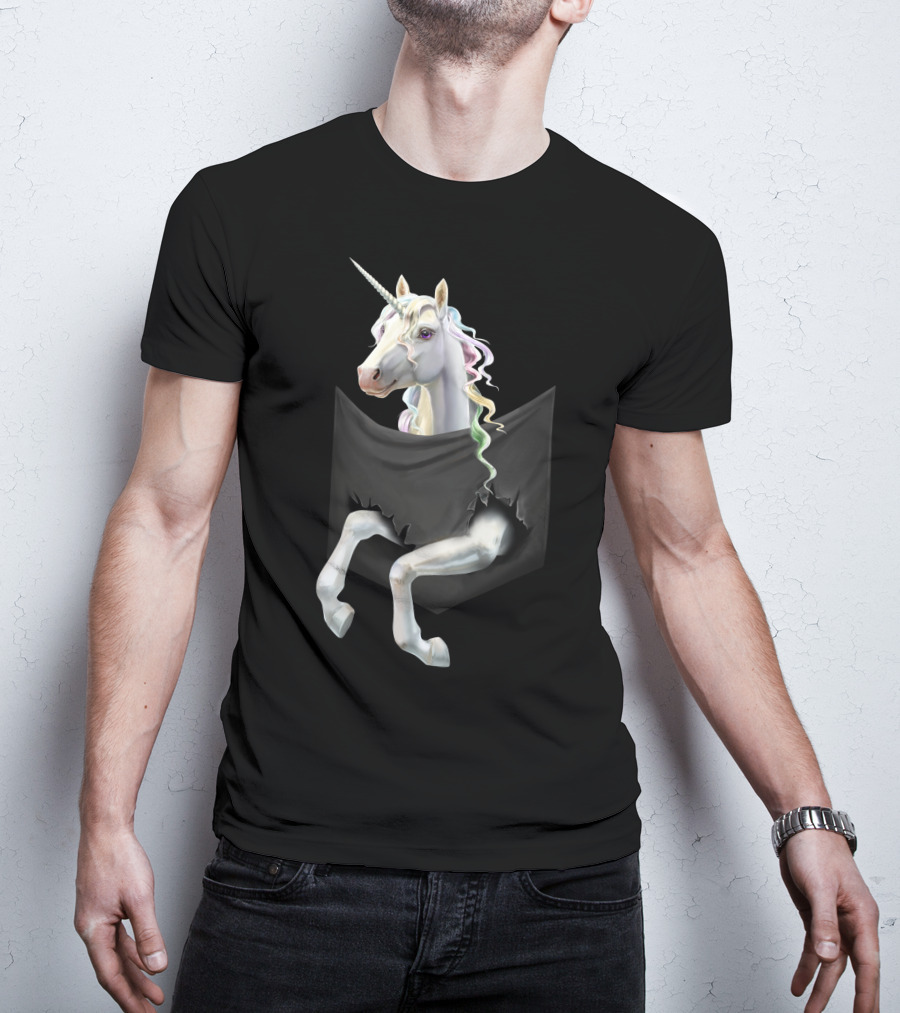 Unicorn Peeking From Torn Pocket T-Shirt