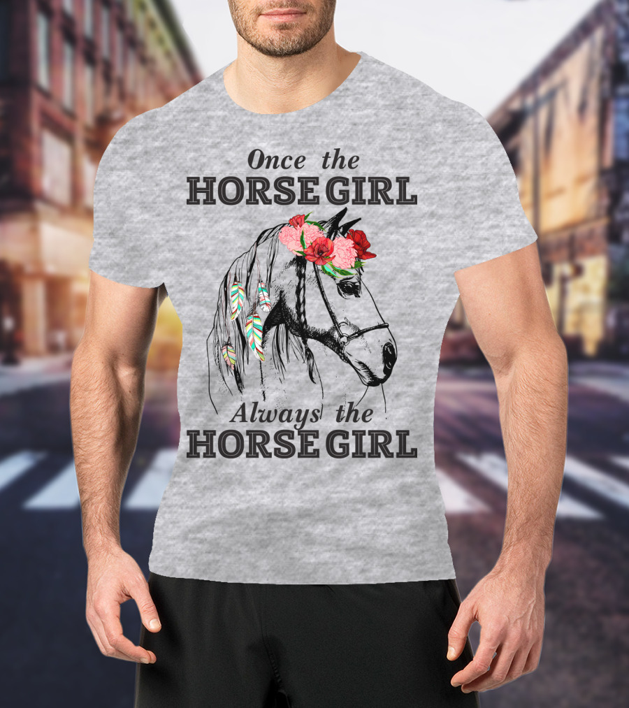 Once The HORSE GIRL Always The HORSE GIRL Floral Feather Adorned Horse T-Shirt