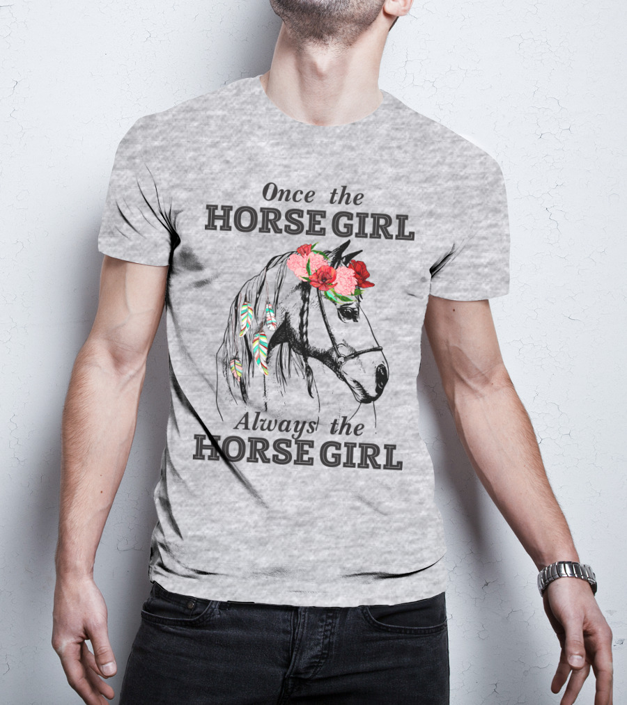 Once The HORSE GIRL Always The HORSE GIRL Floral Feather Adorned Horse T-Shirt