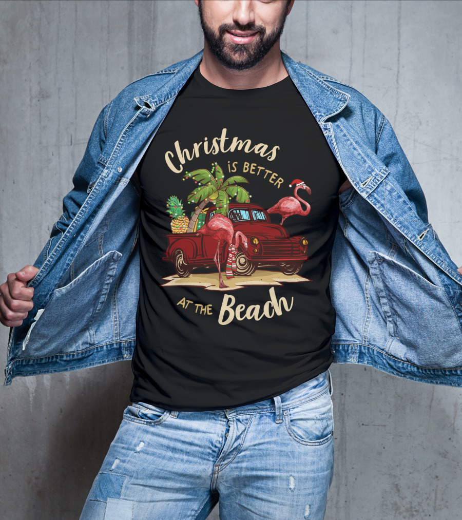 Christmas Is Better At The Beach With Flamingos And Palm Trees T-Shirt