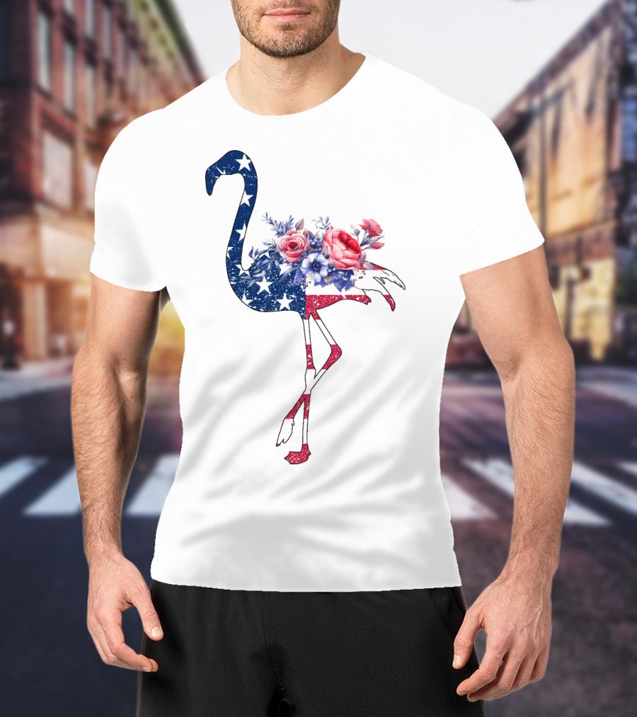 Flamingo American Flag Stars And Stripes With Floral T-Shirt
