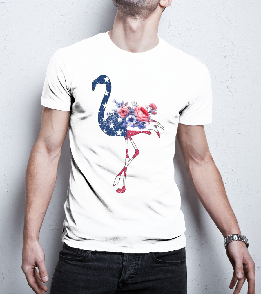 Flamingo American Flag Stars And Stripes With Floral T-Shirt
