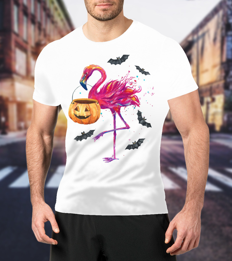 Flamingo With Halloween Pumpkin And Flying Bats T-Shirt