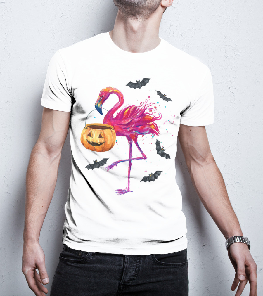 Flamingo With Halloween Pumpkin And Flying Bats T-Shirt