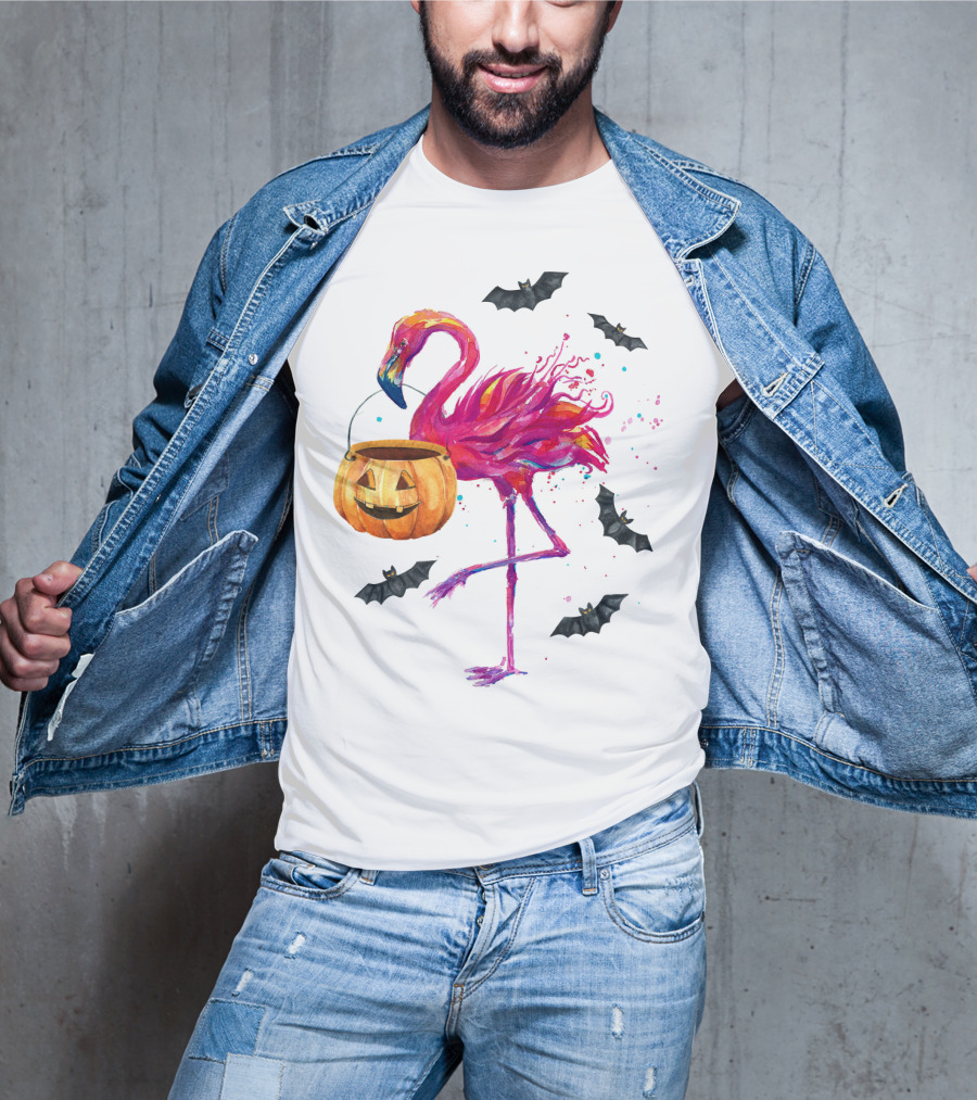 Flamingo With Halloween Pumpkin And Flying Bats T-Shirt