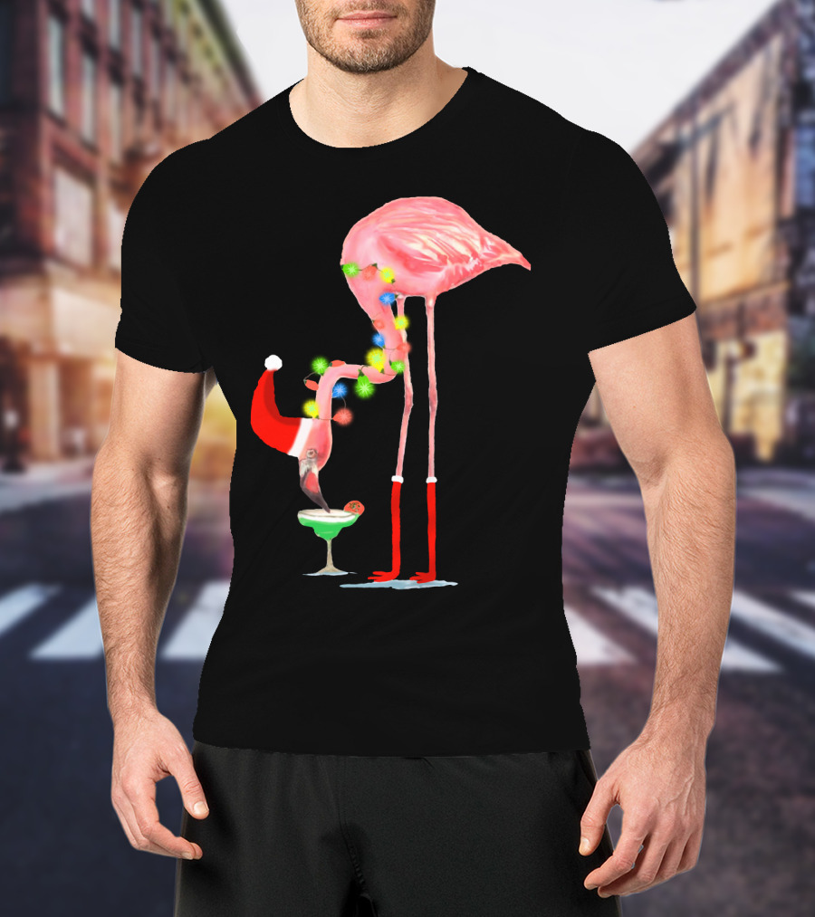 Flamingo Christmas Cocktail Santa Hat And Lights T-Shirt