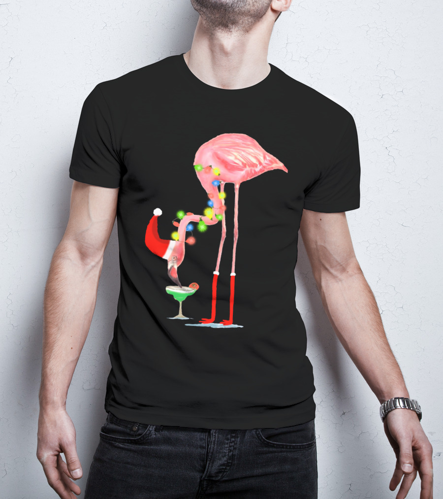 Flamingo Christmas Cocktail Santa Hat And Lights T-Shirt