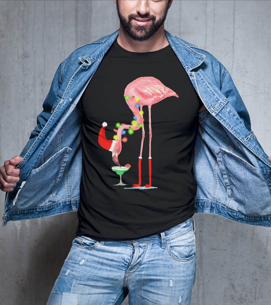 Flamingo Christmas Cocktail Santa Hat And Lights T-Shirt