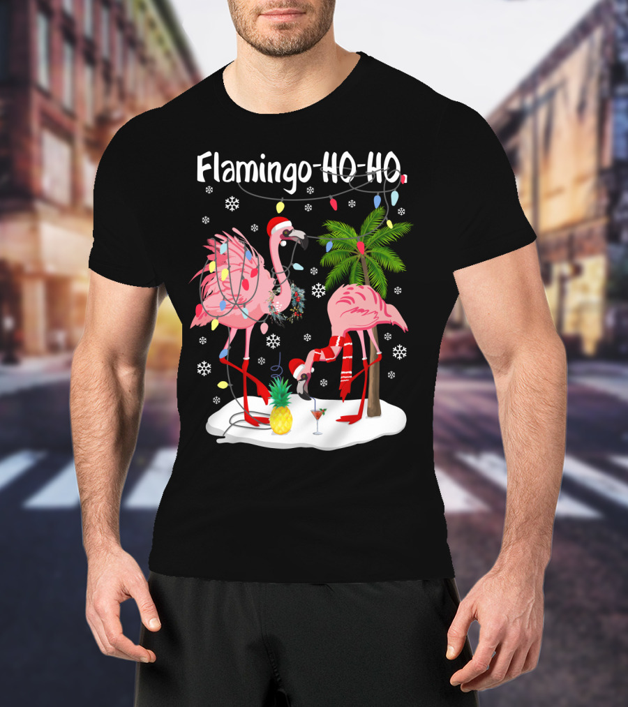 Flamingo HO-HO Christmas Lights And Snowflakes Holiday Scene T-Shirt