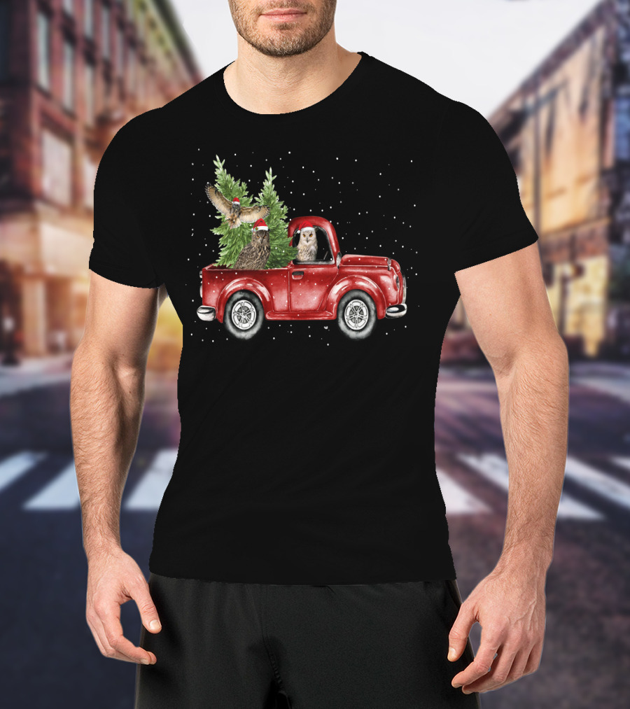 Owl Christmas Red Truck With Santa Hats And Tree T-Shirt