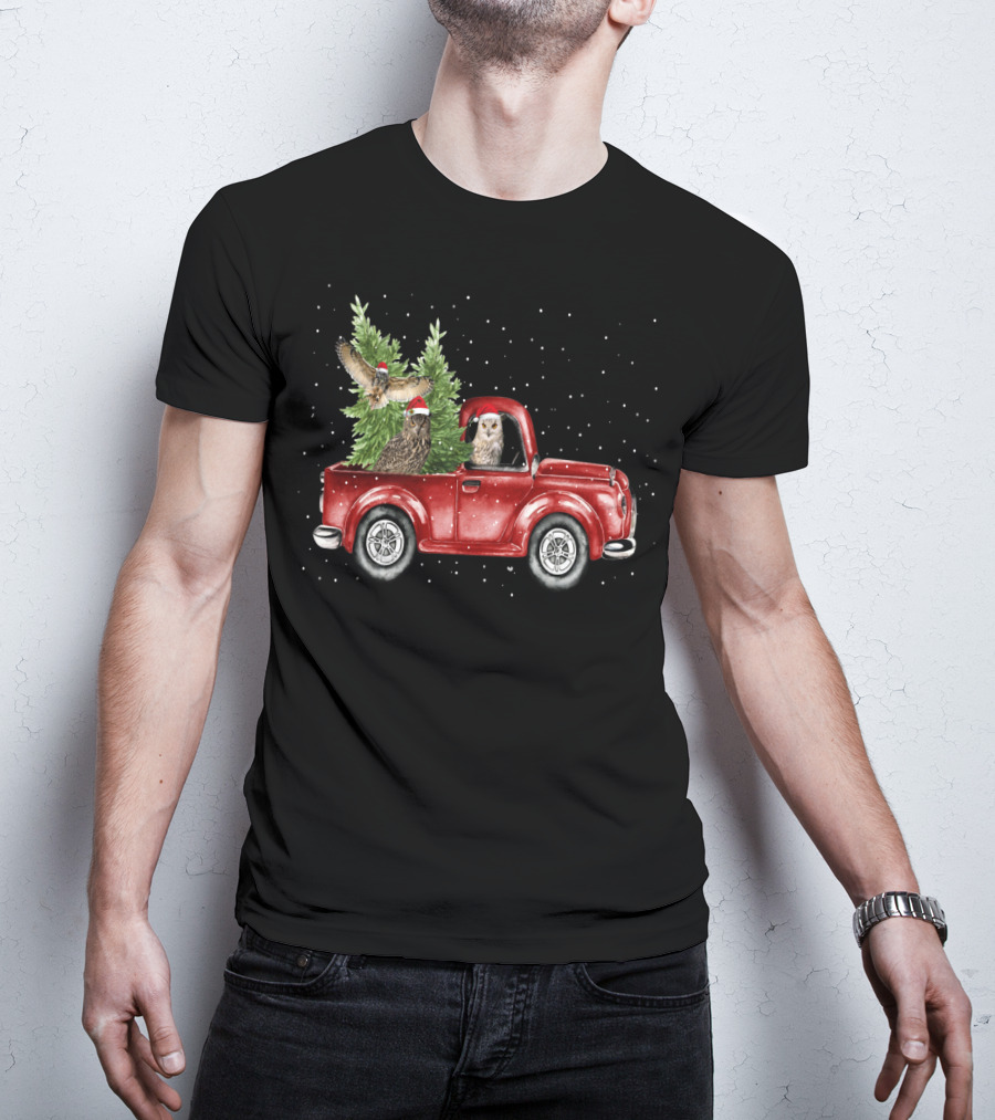 Owl Christmas Red Truck With Santa Hats And Tree T-Shirt