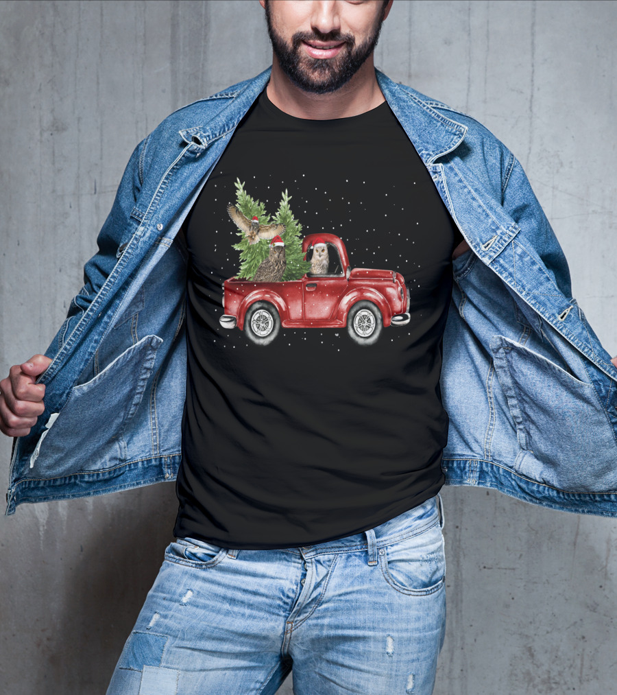 Owl Christmas Red Truck With Santa Hats And Tree T-Shirt