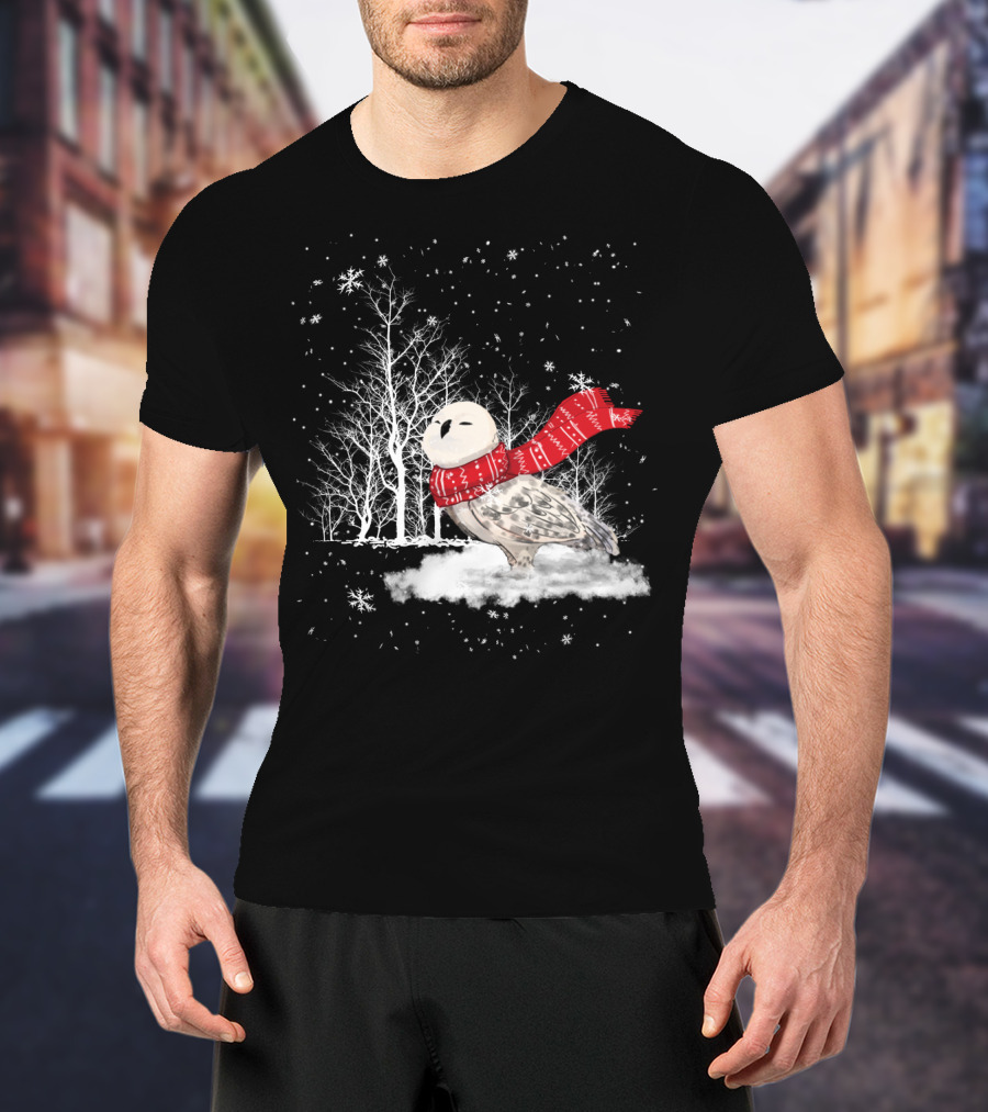 Snowy Owl Red Scarf Winter Scene T-Shirt