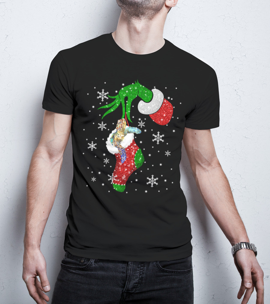 Grinch Christmas Turtle In Glittery Stocking With Snowflakes T-Shirt