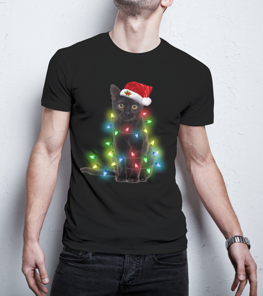 Cat Wrapped In Christmas Lights With Santa Hat T-Shirt